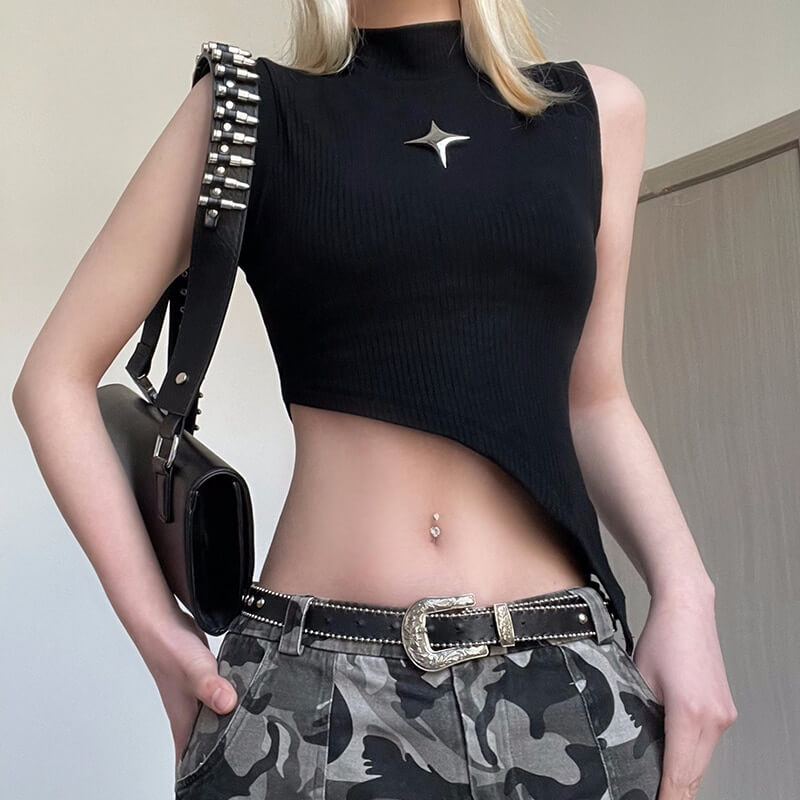Edgy black sleeveless tank top with irregular hem and studded strap, paired with camo pants for a punk-style look.