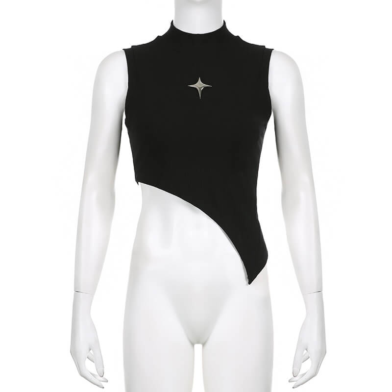 Edgy black sleeveless crop tank top with irregular hem and star accent, perfect for punk style outfits.