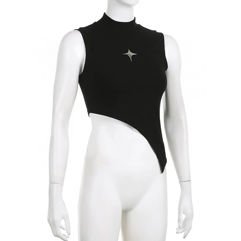 Grunge black irregular tank top for women with edgy design and star detail, perfect for punk style outfits.