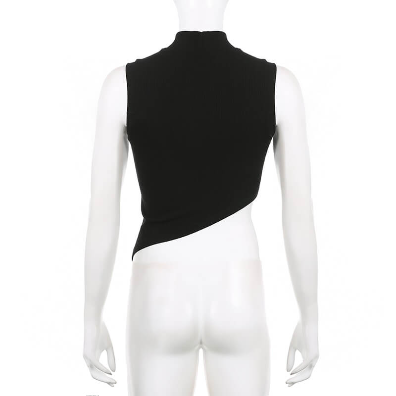 Back view of a grunge black irregular tank top for women, showcasing its edgy sleeveless design and unique hemline.