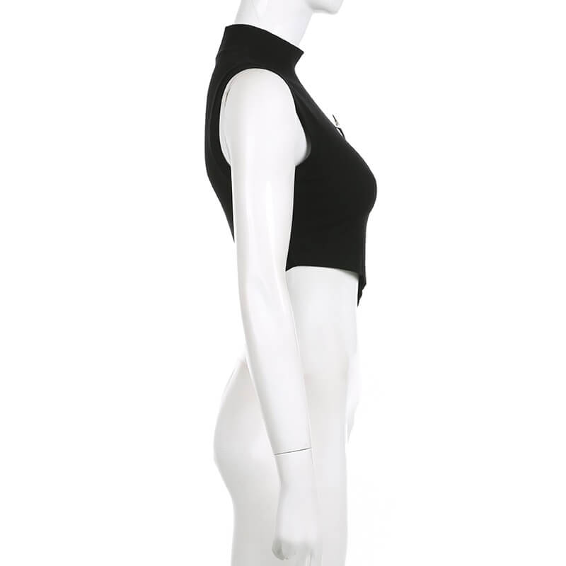 Side view of a grunge black sleeveless crop top for women, showcasing its edgy design and unique irregular hemline.