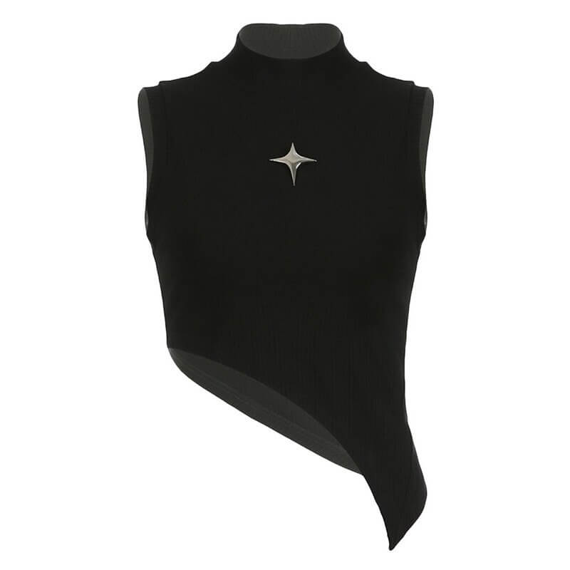 Grunge black sleeveless crop top for women with an irregular hem and star embellishment, embodying punk style and rebellious fashion.
