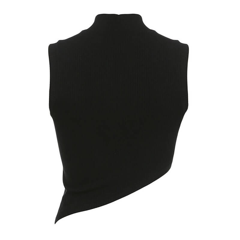 Back view of grunge black irregular tank top for women with edgy asymmetrical hemline.