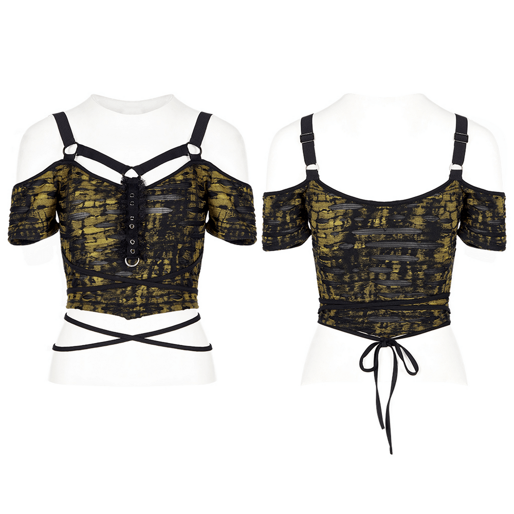 Gothic cropped T-shirt with strap detail and unique printed design, perfect for edgy fashion lovers.