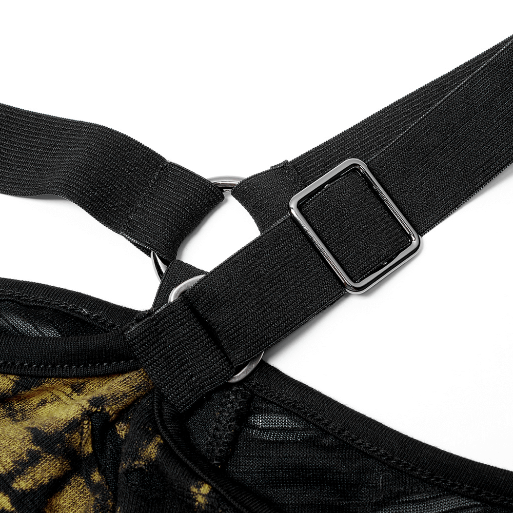 Close-up of the unique strap detail on a grunge contrast crop T-shirt, showcasing gothic style and adjustable loop.