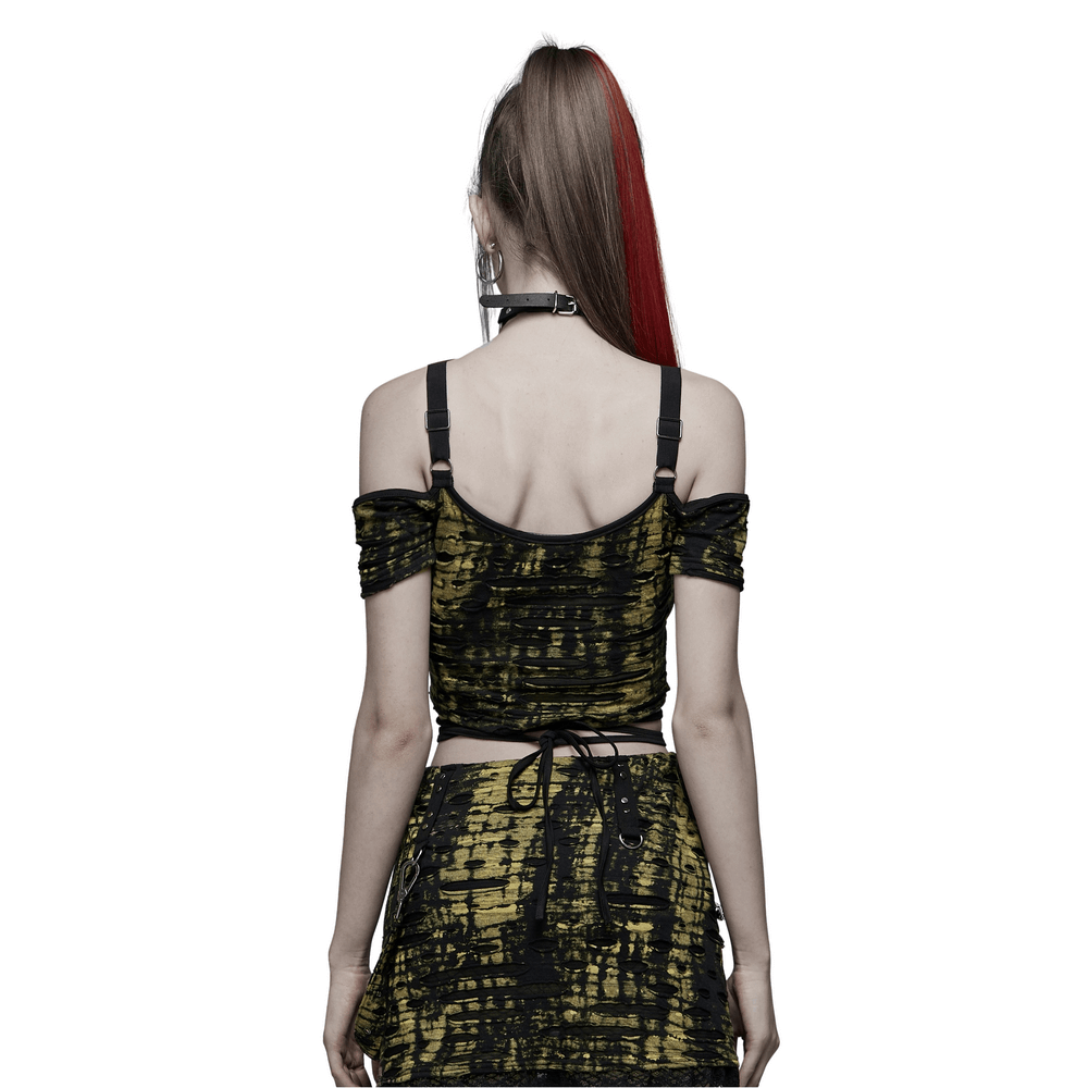 Back view of a stylish Gothic crop T-shirt with contrasting straps and unique knitted print.