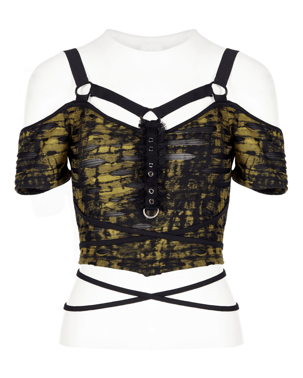 Grunge Gothic crop T-shirt with unique strap detail and textured print, perfect for bold style enthusiasts.