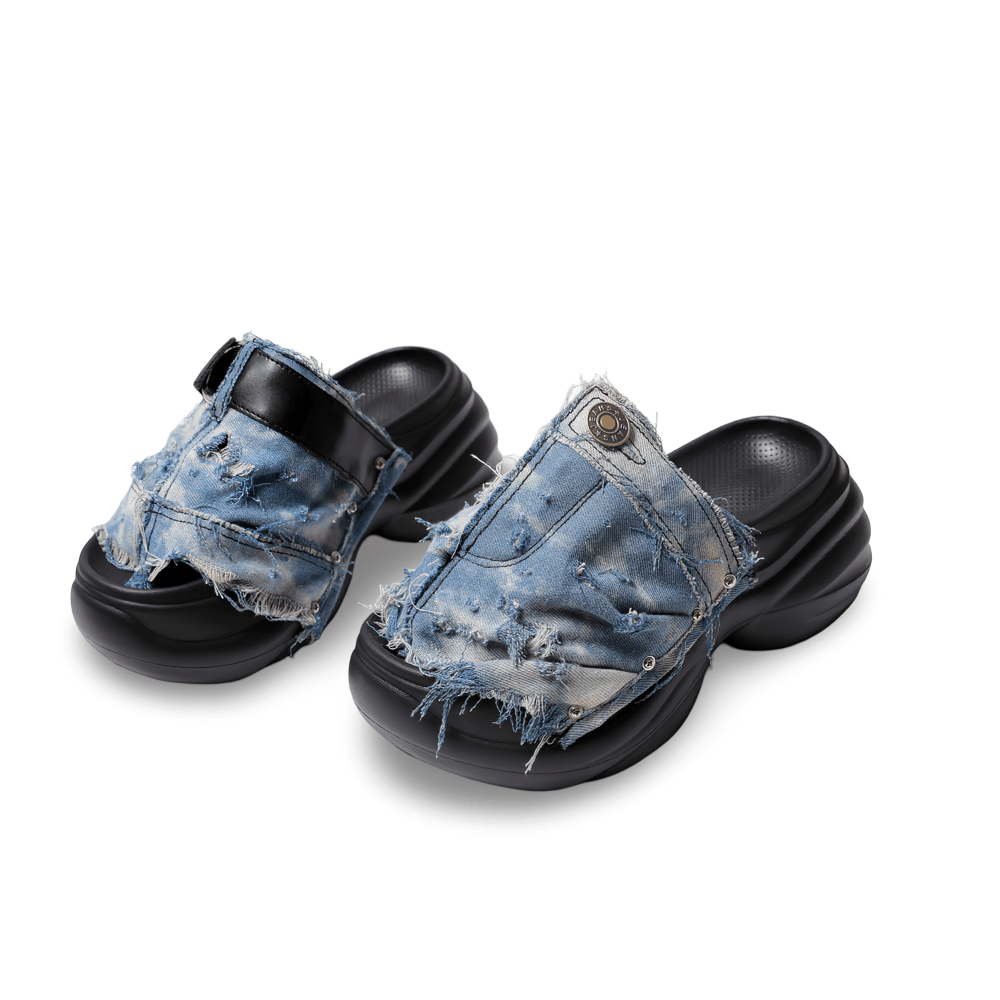Sandales mules épaisses en denim bleu effet usé grunge