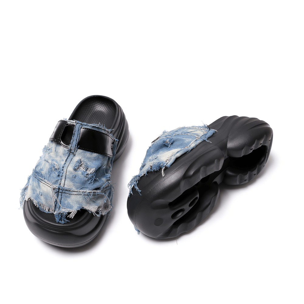Sandales mules épaisses en denim bleu effet usé grunge