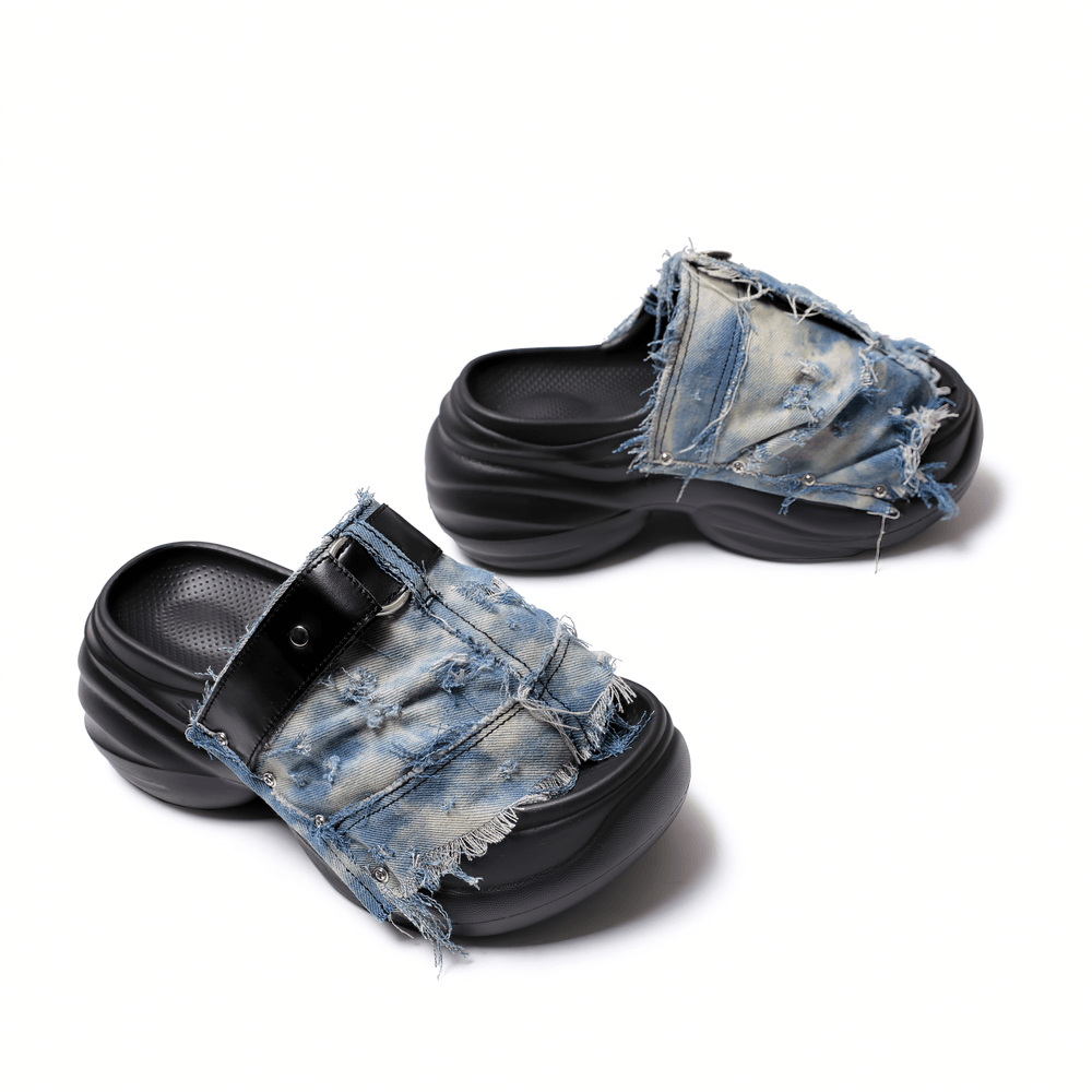 Sandales mules épaisses en denim bleu effet usé grunge