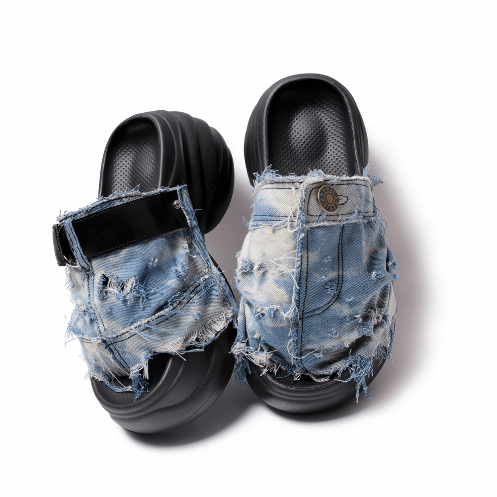 Sandales mules épaisses en denim bleu effet usé grunge