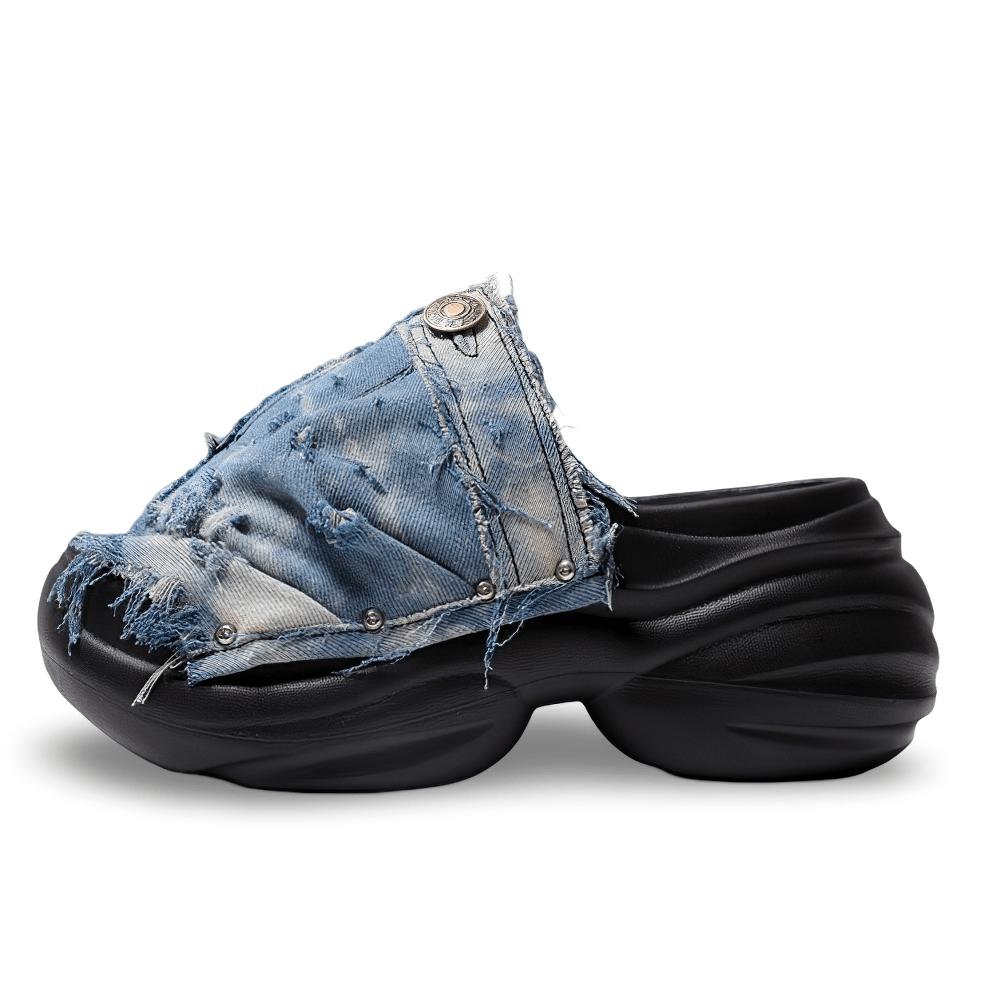 Sandales mules épaisses en denim bleu effet usé grunge