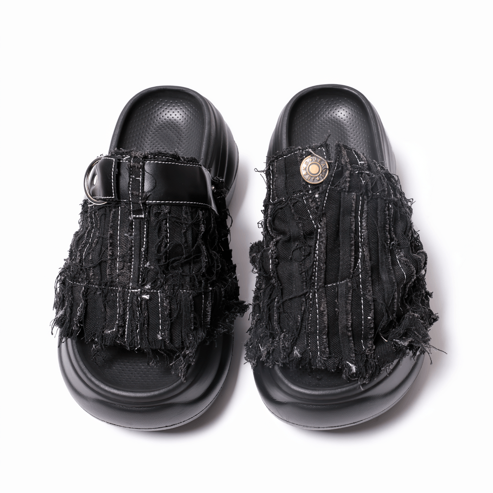 Grunge Distressed Denim Platform Slide Sandals