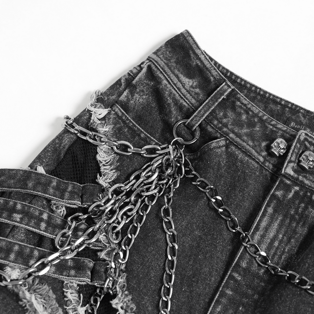 Jean grunge déchiré à jambes larges avec détails de chaînes