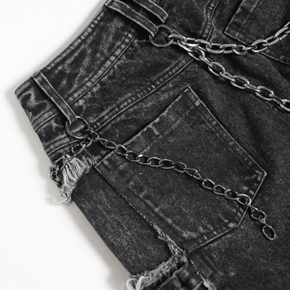 Jean grunge déchiré à jambes larges avec détails de chaînes