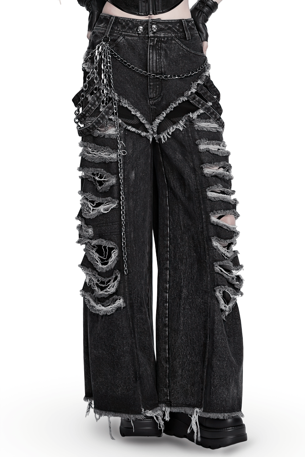 Jean grunge déchiré à jambes larges avec détails de chaînes