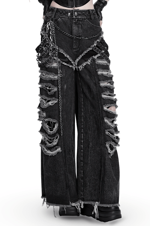 Vaqueros desgastados de pernera ancha con detalles de cadenas de estilo grunge