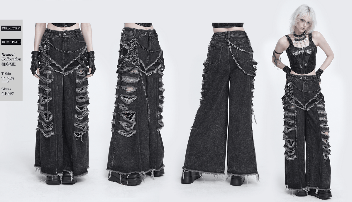 Jean grunge déchiré à jambes larges avec détails de chaînes