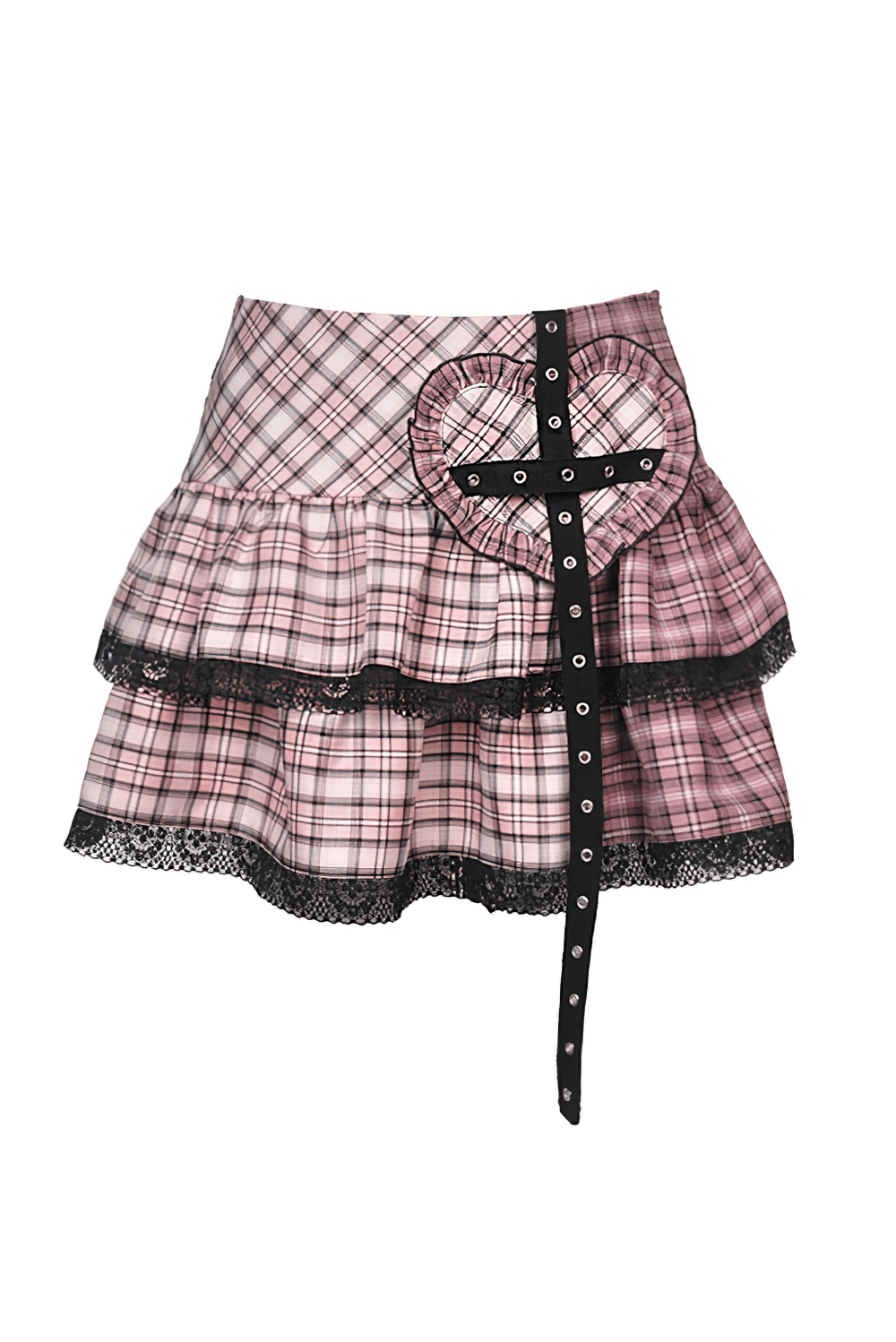 Grunge female mini skirt in pink and black plaid with heart buckle and grommets, perfect for edgy punk outfits.