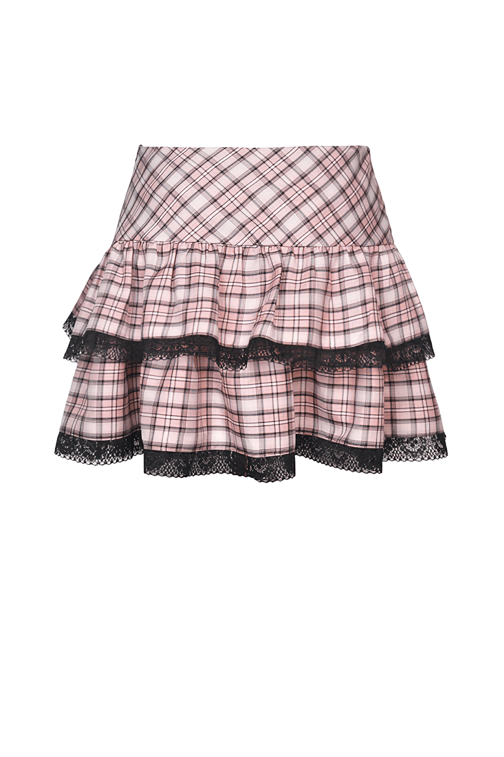 Edgy grunge mini skirt with pink and black plaid and lace trim, perfect for punk rock outfits.