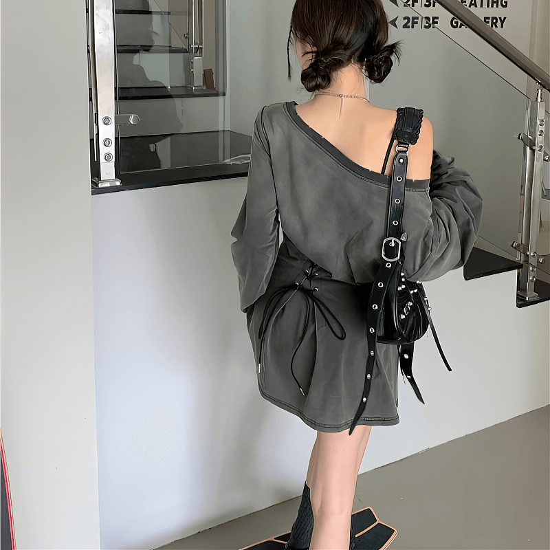 Grunge Goth Corset Dress for Women / Aesthetic Long Sleeves Hole Ripped Mini Dress - HARD'N'HEAVY