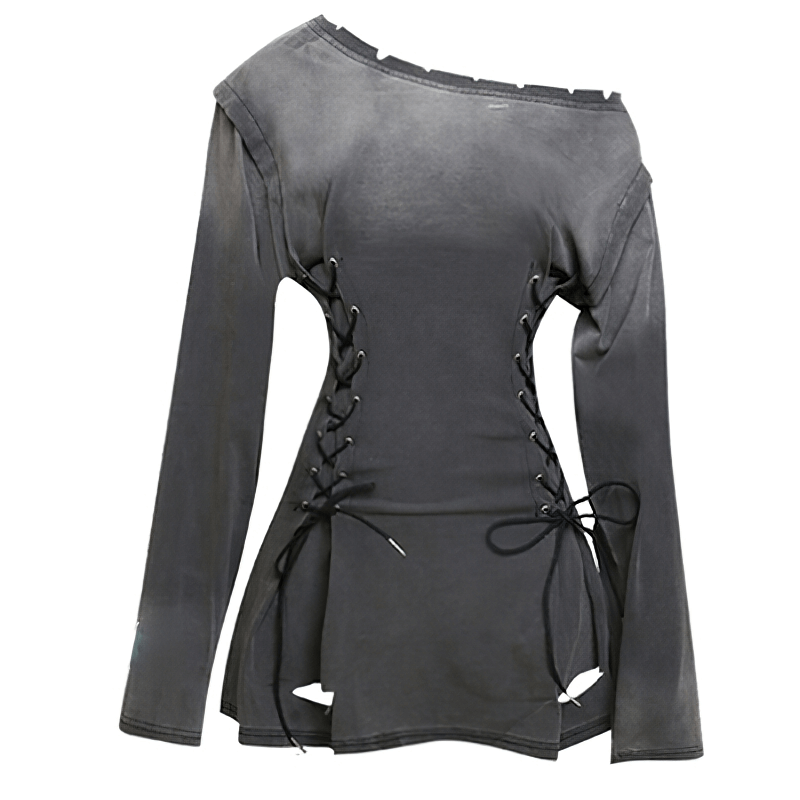 Grunge Goth Corset Dress for Women / Aesthetic Long Sleeves Hole Ripped Mini Dress - HARD'N'HEAVY