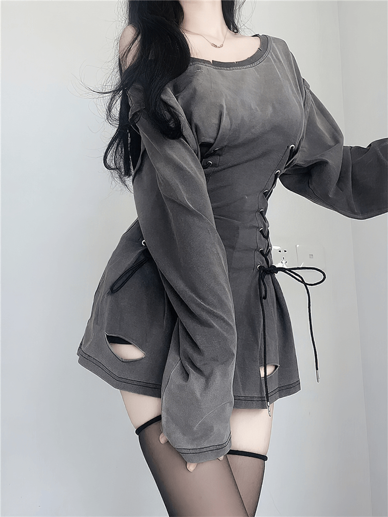 Grunge Goth Corset Dress for Women / Aesthetic Long Sleeves Hole Ripped Mini Dress - HARD'N'HEAVY