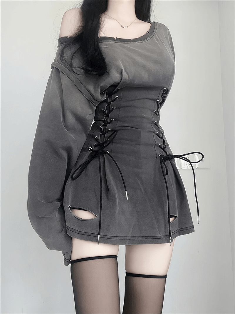 Grunge Goth Corset Dress for Women / Aesthetic Long Sleeves Hole Ripped Mini Dress - HARD'N'HEAVY