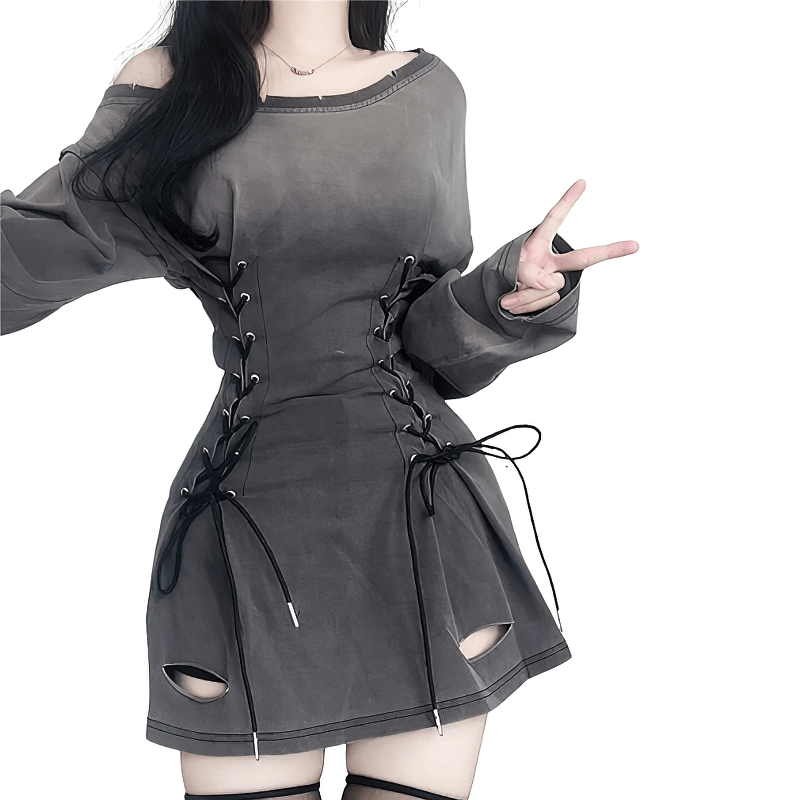 Grunge Goth Corset Dress for Women / Aesthetic Long Sleeves Hole Ripped Mini Dress - HARD'N'HEAVY