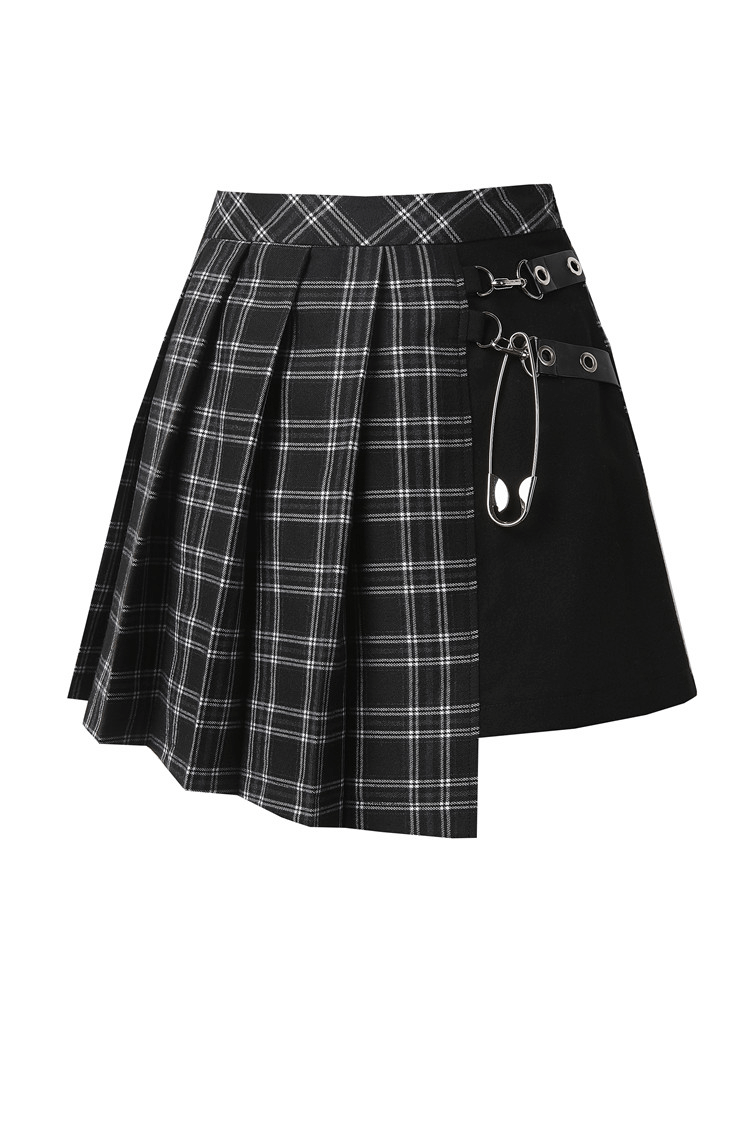 Edgy asymmetrical plaid mini skirt featuring a chunky silver safety pin and a stylish black and white design.