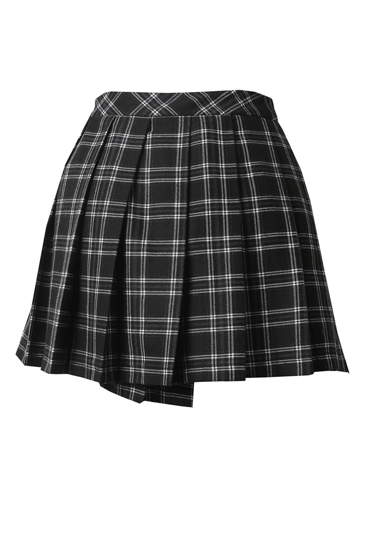 Asymmetrical black and white plaid mini skirt with pleats, perfect for a punk rock style.
