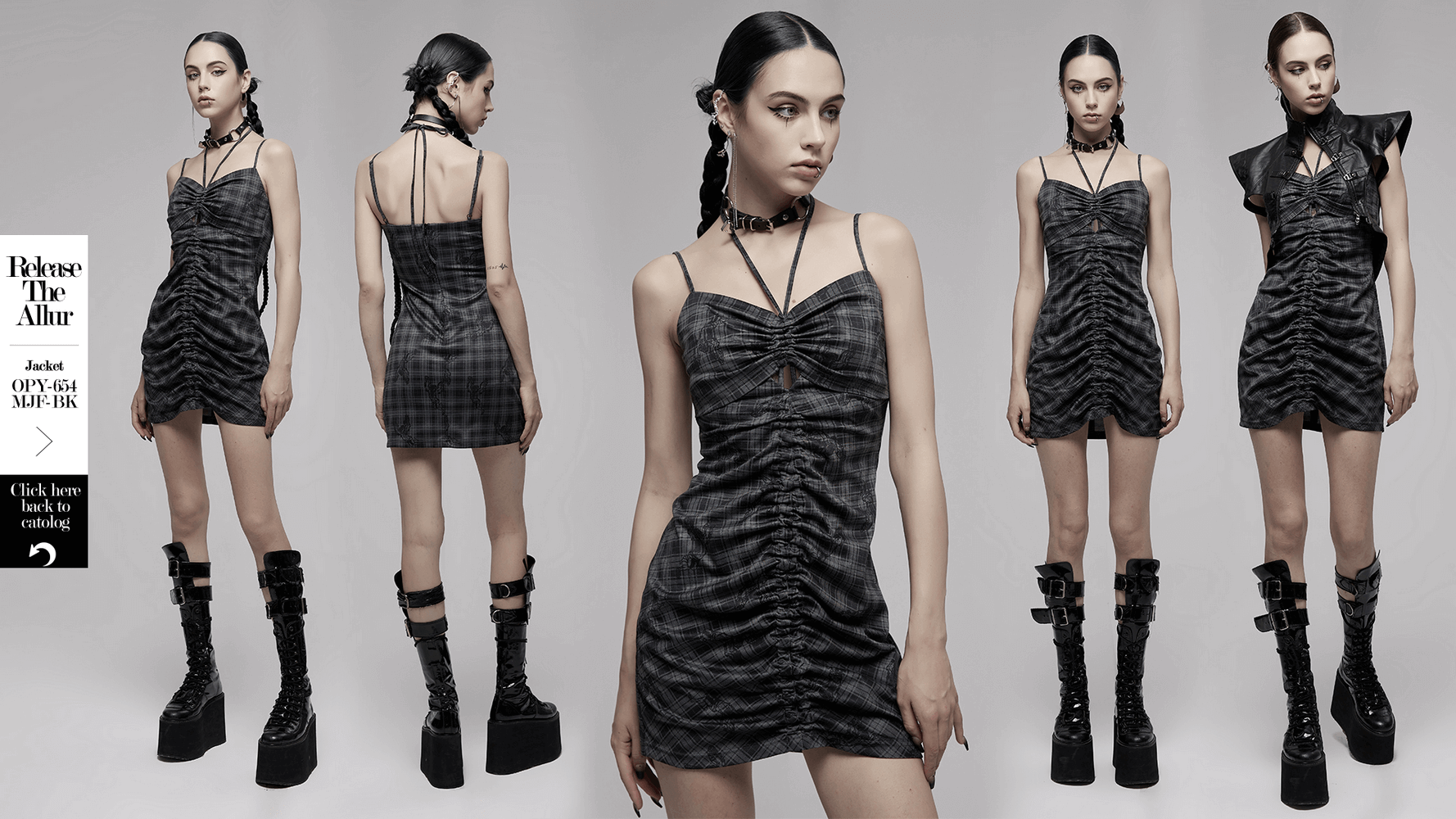 Model showcasing a grunge gothic lace-up mini bodycon dress with a sexy cut-out and grid print detailing.