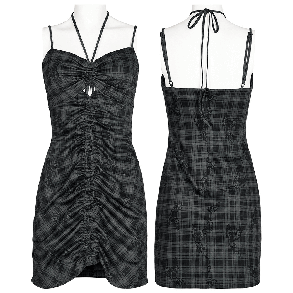 Grunge gothic lace-up mini bodycon dress with grid print and cut-out details, perfect for making a bold statement.