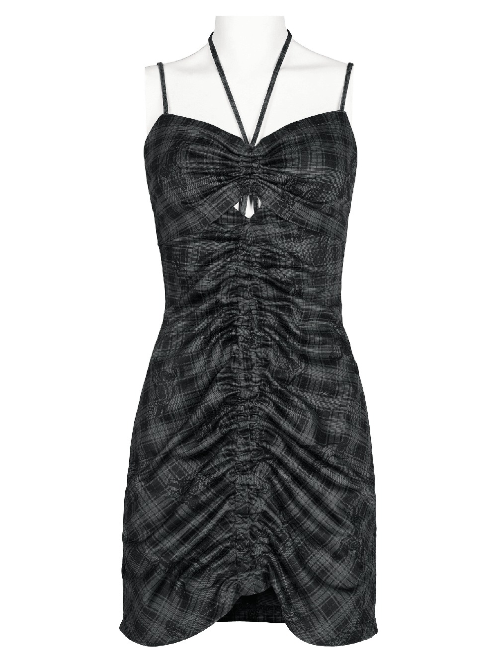 Grunge Gothic lace-up mini bodycon dress in black with grid print and cut-out detail.