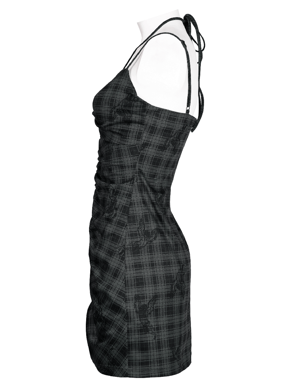 Side view of a grunge gothic lace-up mini bodycon dress in black plaid, showcasing its sexy silhouette and adjustable straps.