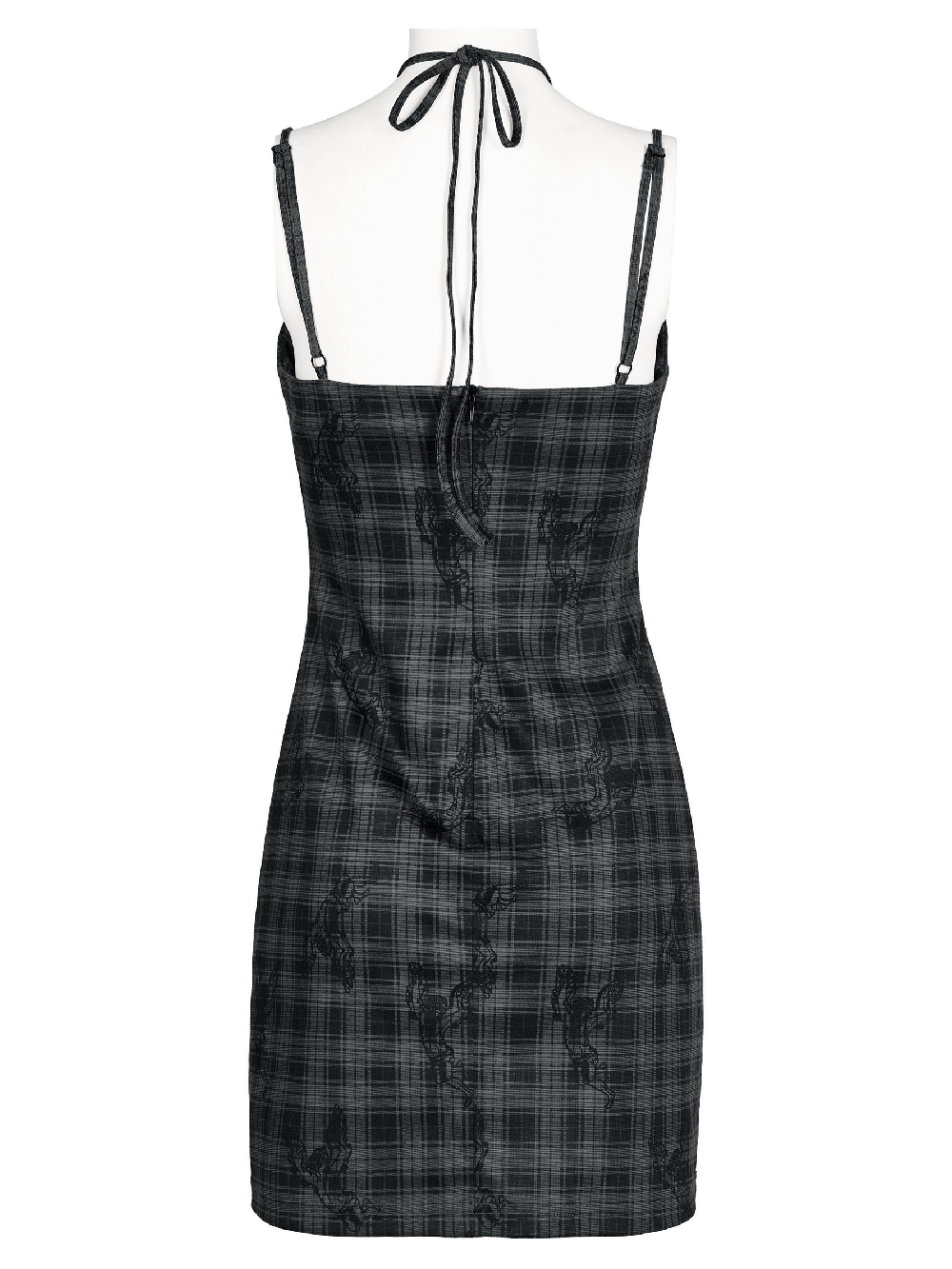 Back view of a black grunge gothic lace-up mini bodycon dress with plaid pattern and adjustable drawcord.