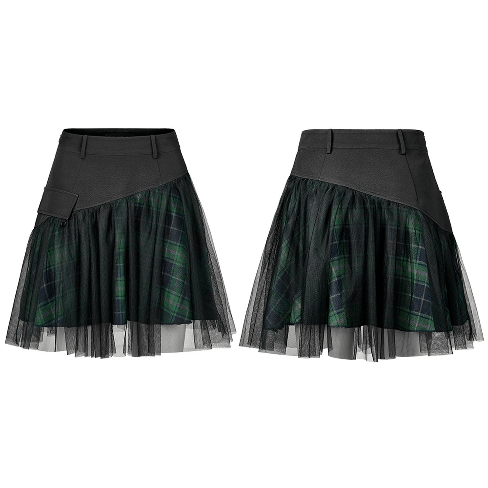 Grunge plaid high waist mini skirt featuring elegant mesh detail and ruffled hem for a stylish silhouette.