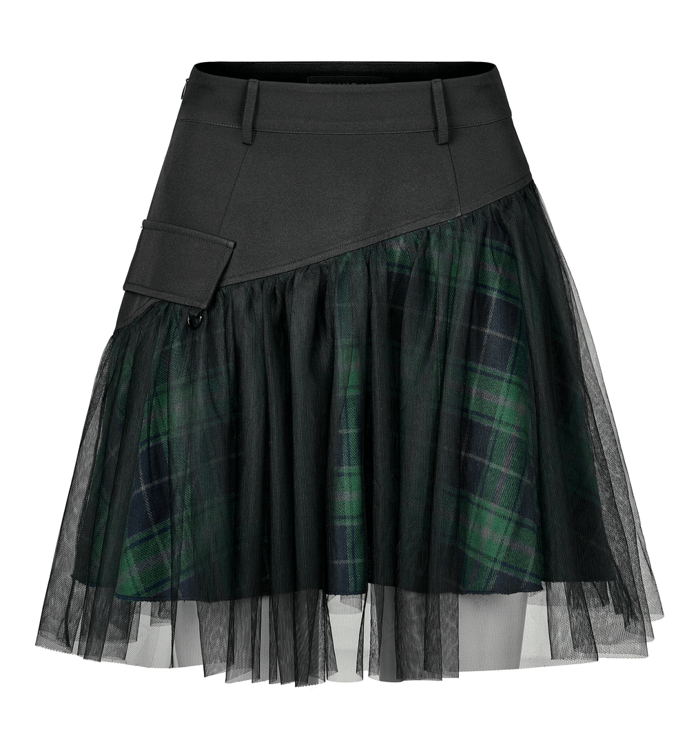 Grunge plaid high waist mini skirt with mesh detail, featuring ruffled edges and hidden side zippers.