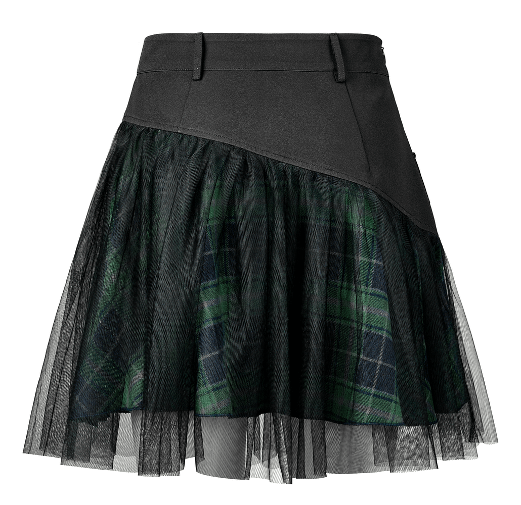 Grunge plaid high waist mini skirt with stylish mesh detail and ruffled edges, perfect for trendy outfits.