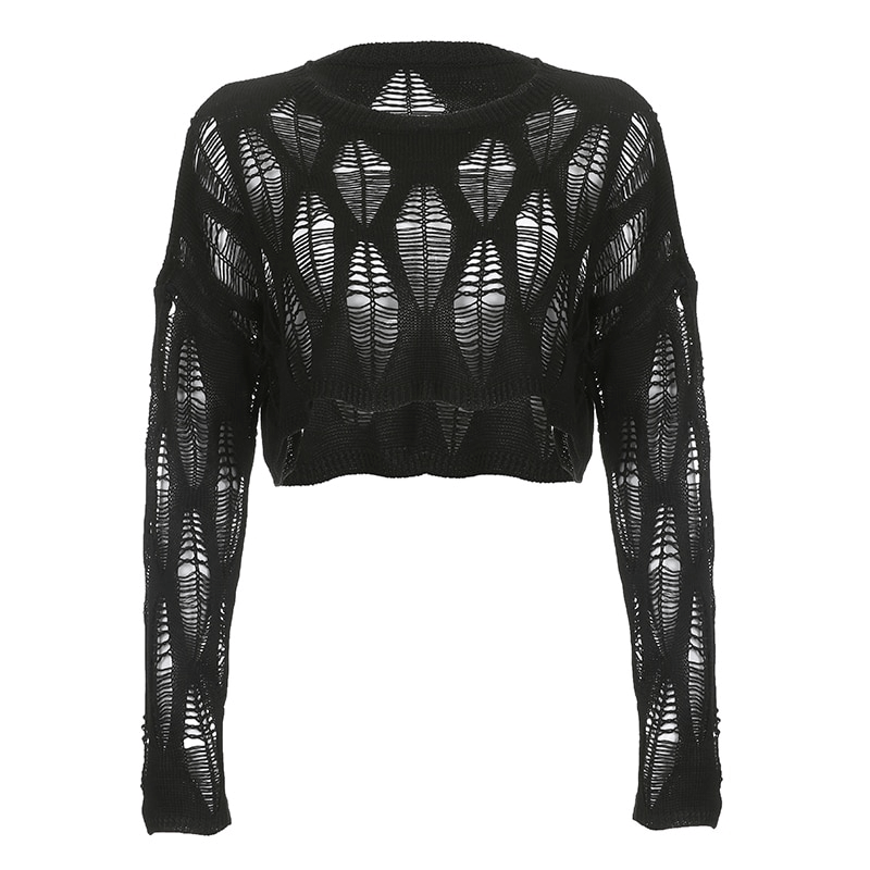 Grunge vintage long sleeve cropped pullover with edgy hollow-out design and ripped details in black.