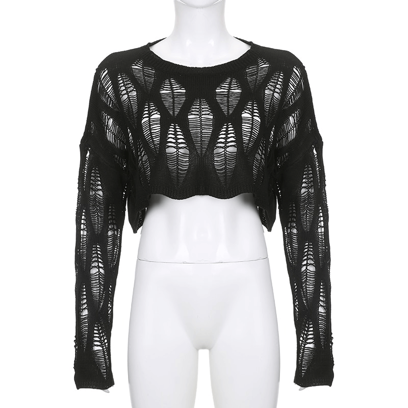 Grunge Vintage Long Sleeves Ripped Tops / Sexy Hollow Out Cropped Pullover - HARD'N'HEAVY