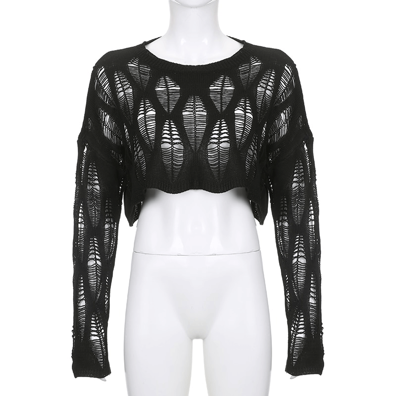 Edgy women's cropped pullover featuring hollow-out design and distressed detail for vintage grunge style.