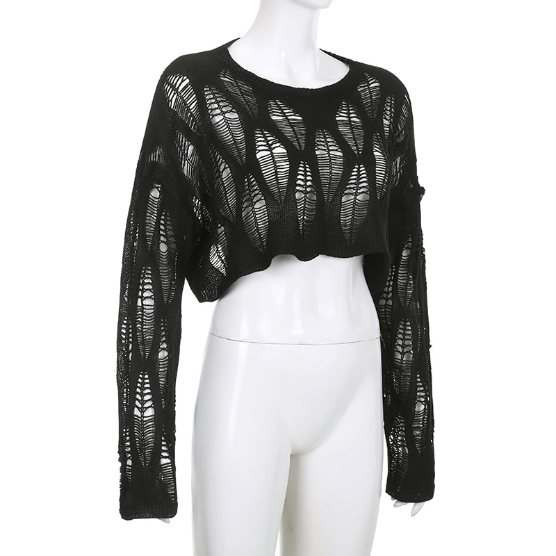 Black cropped pullover with edgy hollow-out design and ripped long sleeves for a vintage grunge look.