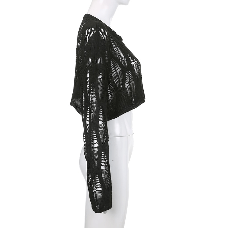 Grunge vintage cropped pullover with hollow-out design and ripped details on black fabric, perfect for edgy women's fashion.