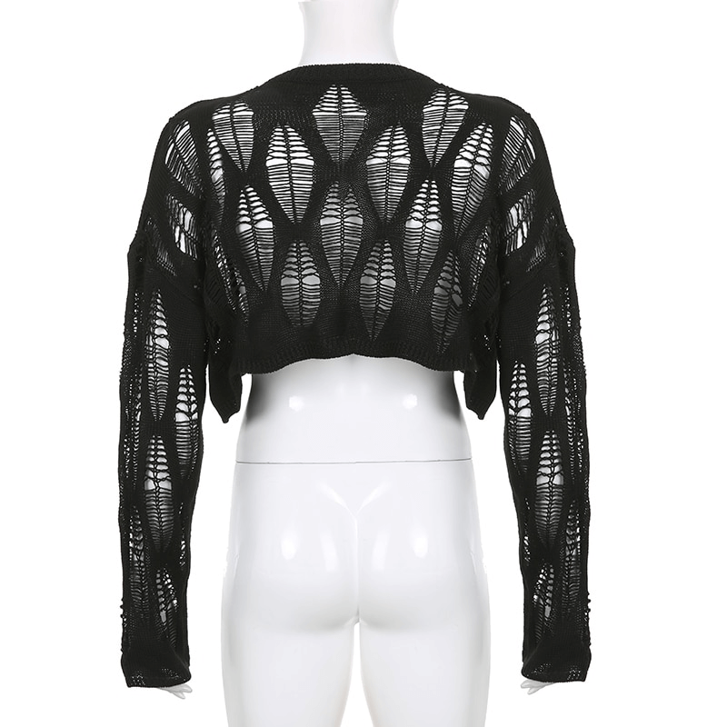 Grunge Vintage Long Sleeves Ripped Tops / Sexy Hollow Out Cropped Pullover - HARD'N'HEAVY