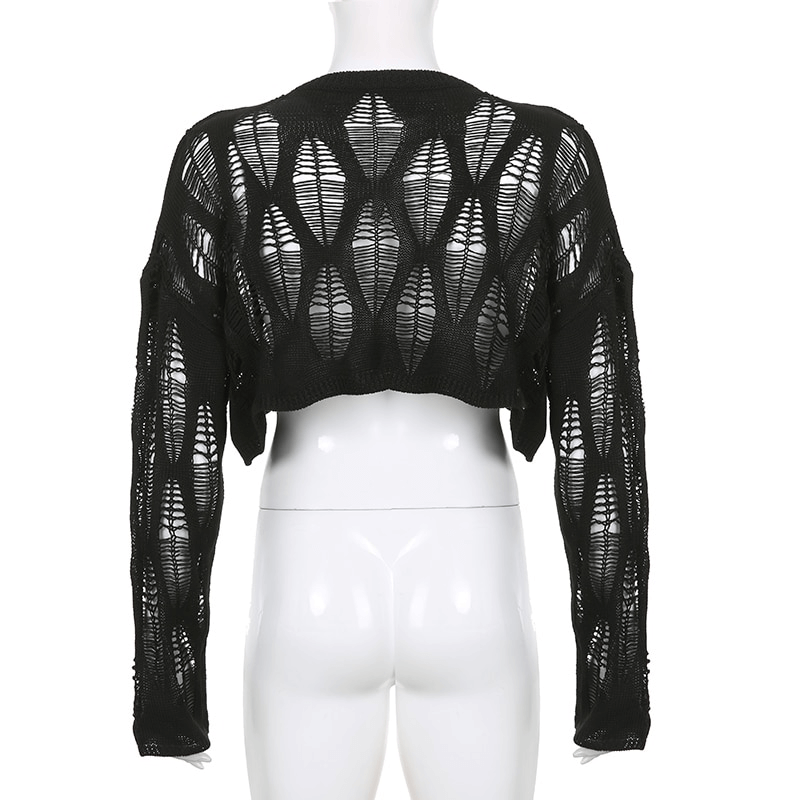 Back view of a women's cropped black pullover with hollow-out design, showcasing a vintage grunge style.