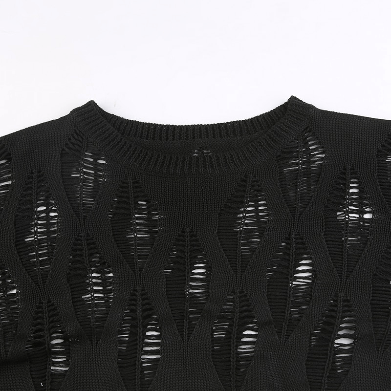 Edgy black grunge vintage pullover with hollow-out design and distressed details, perfect for a rebellious style.