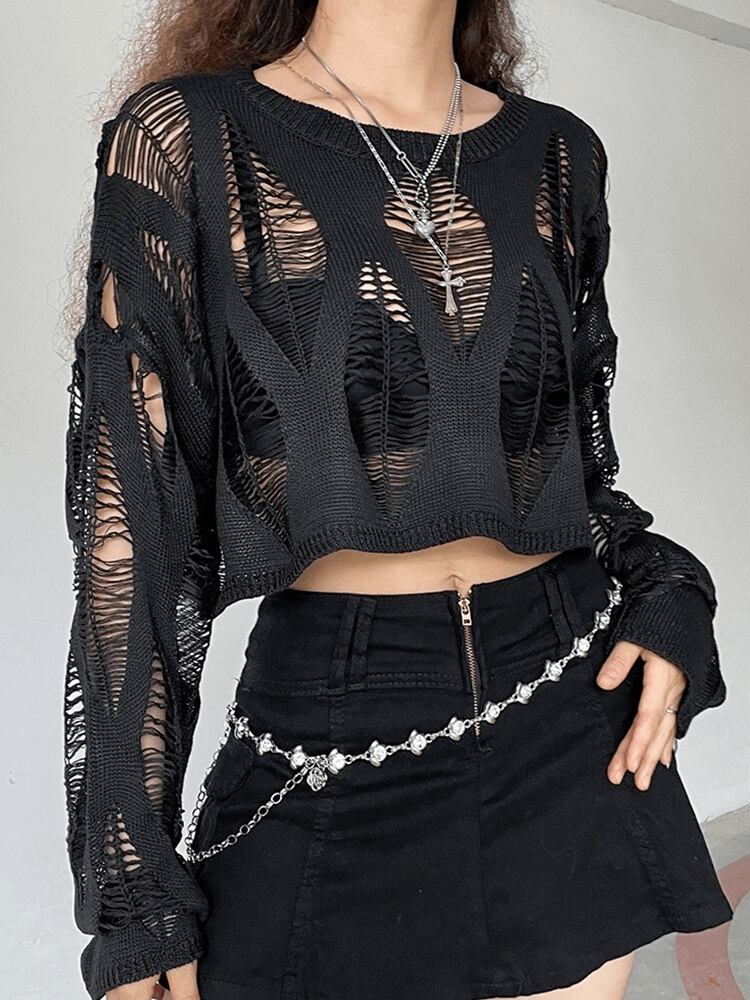Grunge vintage long sleeves ripped pullover in black with hollow-out design, paired with a chic mini skirt.
