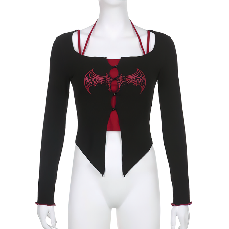 Grunge women's long-sleeve top with red bat design and buttons, perfect for gothic aesthetic fashion.