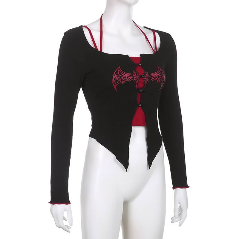 Grunge women's long-sleeve top with buttoned front and gothic bat design, perfect for alternative fashion lovers.
